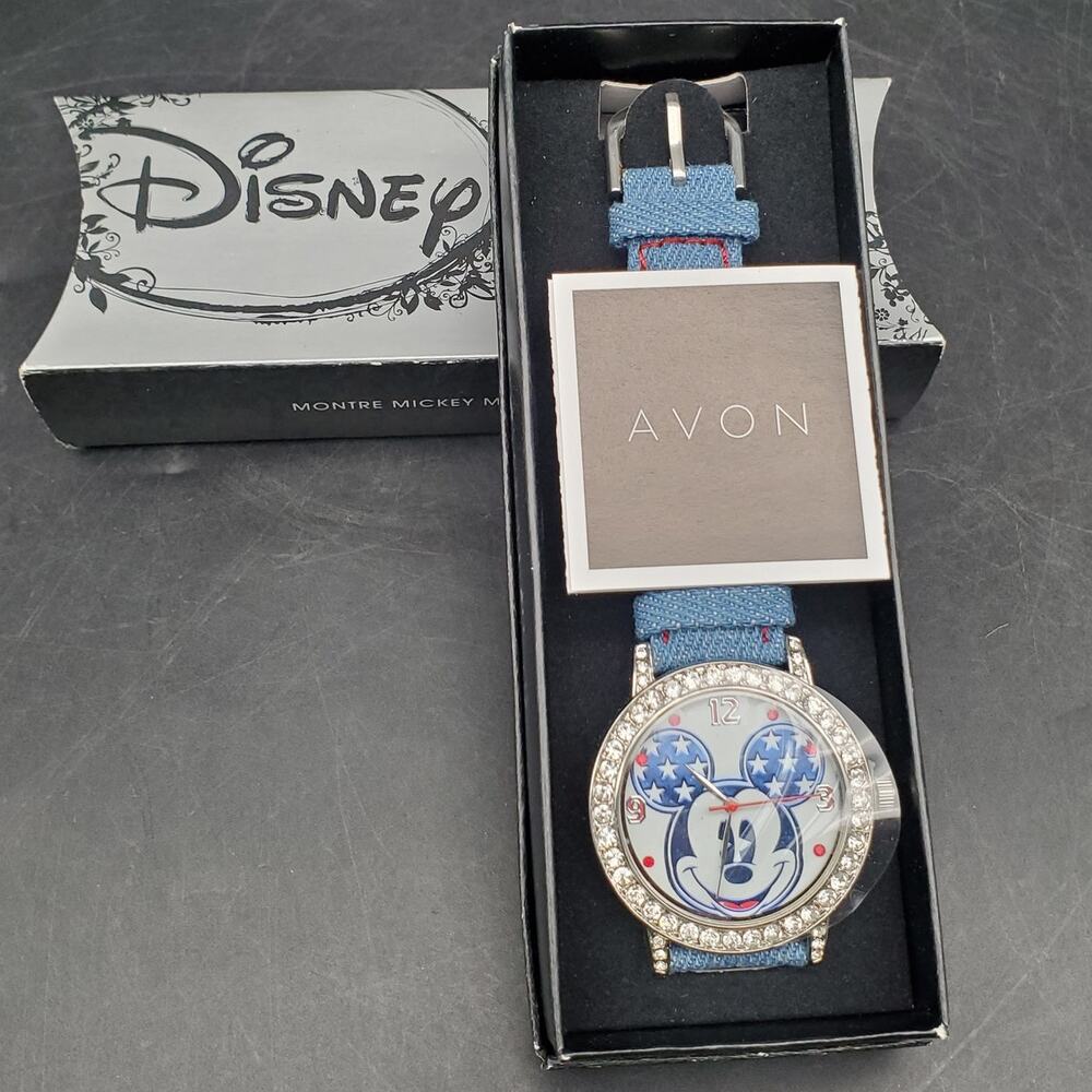 Disney Mickey Mouse Americana Rhinestone Bezel Avon Wristwatch Denim Strap Boxed